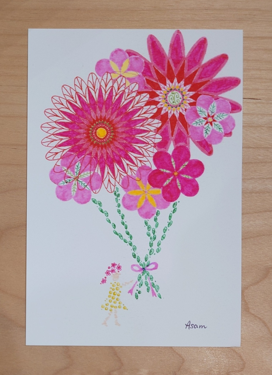 ポストカード「ピンクの花束の妖精」